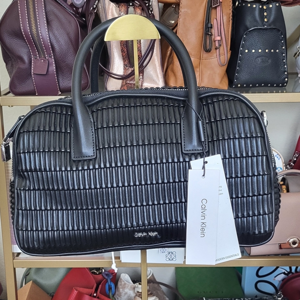 New Calvin Klein Bowler Double Zip Satchel  Bag Black